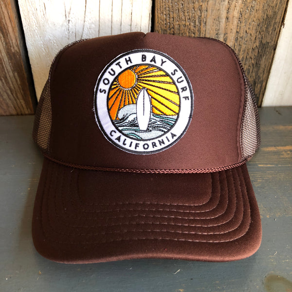 SOUTH BAY SURF (Multi Colored Patch) High Crown Trucker Hat - Brown