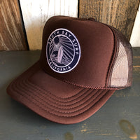 SOUTH BAY SURF (Navy Colored Patch) High Crown Trucker Hat - Brown