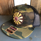 Hermosa Beach SUNBEAMS Camouflage 6 Panel Mid Profile Mesh Back Snapback Trucker Hat - Dark Green/Brown/Black