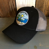 Hermosa Beach SHOREFRONT Low Fitting 6 Panel Low Profile Mesh Back Trucker Hat - Black/Black/Charcoal Grey