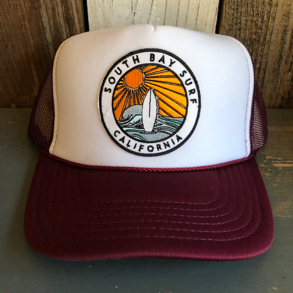 Hermosa Beach SOUTH BAY SURF (Multi Colored Patch) Trucker Hat - Maroon/White/Maroon