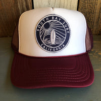 Hermosa Beach SOUTH BAY SURF (Navy Colored Patch) Trucker Hat - Maroon/White/Maroon