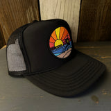 Hermosa Beach OBLIGATORY SUNSET High Crown Trucker Hat - Black (Curved Brim)