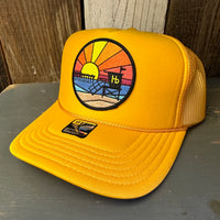Hermosa Beach OBLIGATORY SUNSET High Crown Trucker Hat - Gold loop