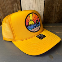 Hermosa Beach OBLIGATORY SUNSET High Crown Trucker Hat - Gold loop