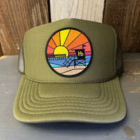 Hermosa Beach OBLIGATORY SUNSET High Crown Trucker Hat - Olive