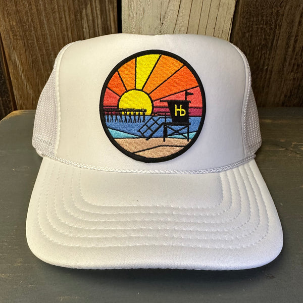Hermosa Beach OBLIGATORY SUNSET High Crown Trucker Hat - White