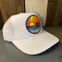 Hermosa Beach OBLIGATORY SUNSET High Crown Trucker Hat - White