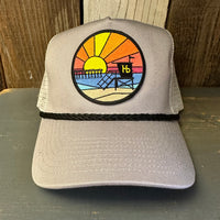 Hermosa Beach OBLIGATORY SUNSET 5 panel Cotton Twill Front, Mesh Back, Rope cap - Grey/Black Braid