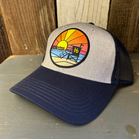 Hermosa Beach OBLIGATORY SUNSET 6 Panel Low Profile Mesh Back Trucker Hat - Navy/Heather Grey