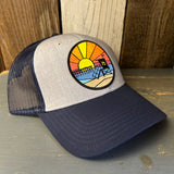 Hermosa Beach OBLIGATORY SUNSET 6 Panel Low Profile Mesh Back Trucker Hat - Navy/Heather Grey