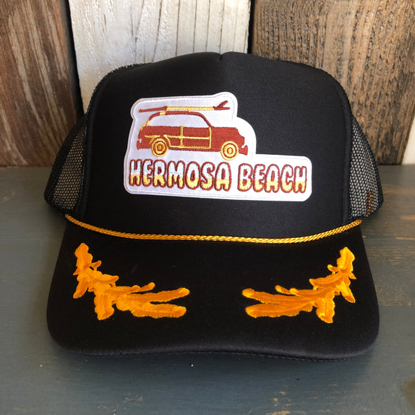 Hermosa Beach WOODIE 5 Panel High Crown Mesh Back Captain Trucker Hat- Black/Gold