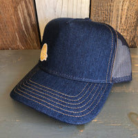 Hermosa Beach MINI CLASSIC LOGO Premium Denim Trucker Hat - Navy/Gold Stitching