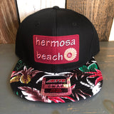 Hermosa Beach WELCOME SIGN Black Panel/Hawaiian Pattern Visor - 6 Panel Mid Profile Snapback Hat - Makai