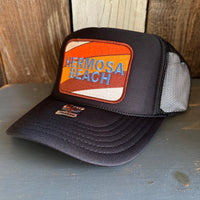 Hermosa Beach GOLF CARTS & YOGA PANTS High Crown Trucker Hat - Black (Curved Brim)