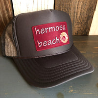 Hermosa Beach WELCOME SIGN High Crown Trucker Hat - Charcoal (Curved Brim)