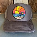 Hermosa Beach OBLIGATORY SUNSET High Crown Trucker Hat - Charcoal (Curved Brim)
