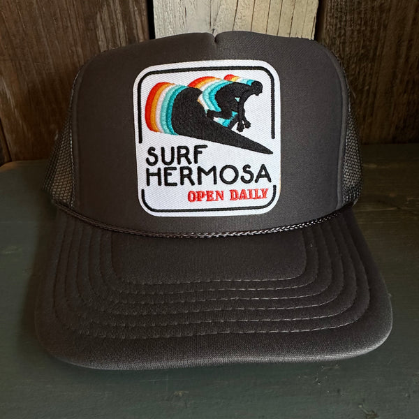 Hermosa Beach SURF HERMOSA :: OPEN DAILY High Crown Trucker Hat - Charcoal (Curved Brim)