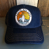 Hermosa Beach SOUTH BAY SURF (Multi Colored Patch) Premium Denim Trucker Hat - Navy/Gold Stitching