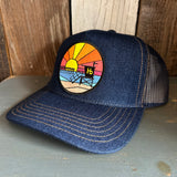 Hermosa Beach OBLIGATORY SUNSET Premium Denim Trucker Hat - Navy/Gold Stitching