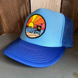 Hermosa Beach OBLIGATORY SUNSET High Crown 5 Panel Trucker Cap, Foam/Mesh - Columbia Blue/Royal