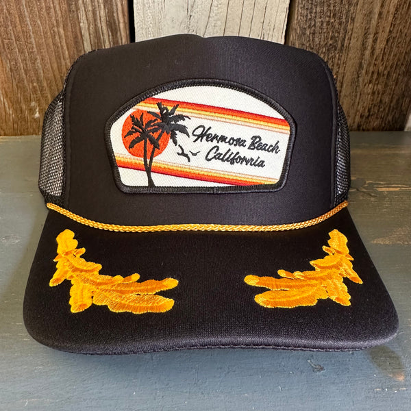 Hermosa Beach RETRO SUNSET 5 Panel High Crown Mesh Back Captain Trucker Hat- Black/Gold