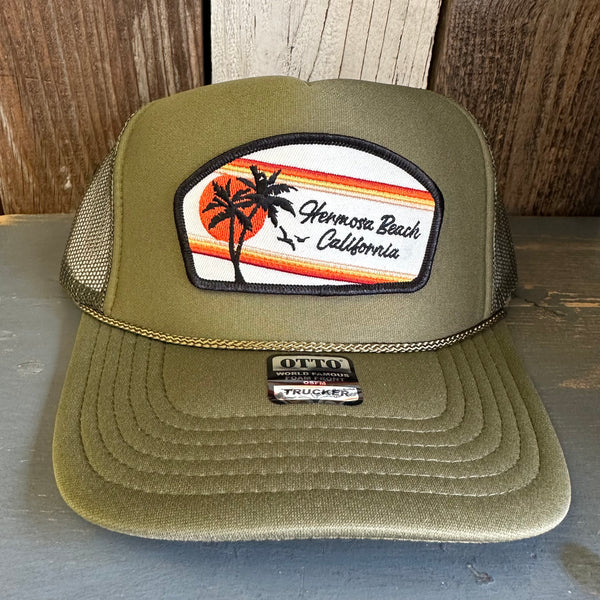 Hermosa Beach RETRO SUNSET High Crown Trucker Hat - Olive