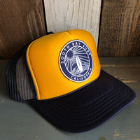 Hermosa Beach SOUTH BAY SURF (Navy Colored Patch)  Trucker Hat - Navy/Gold/Navy