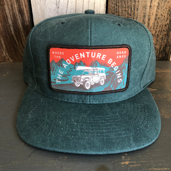 WHERE THE ROAD ENDS :: THE ADVENTURE BEGINS - 6 Panel Mid Profile Baseball Cap - Dark Green