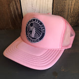Hermosa Beach SOUTH BAY SURF (Navy Colored Patch) High Crown Trucker Hat - Pink