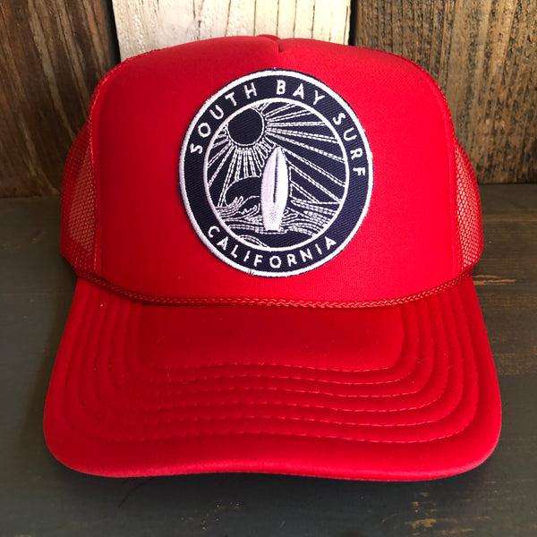 Hermosa Beach SOUTH BAY SURF (Navy Colored Patch) High Crown Trucker Hat - Red
