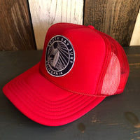 Hermosa Beach SOUTH BAY SURF (Navy Colored Patch) High Crown Trucker Hat - Red