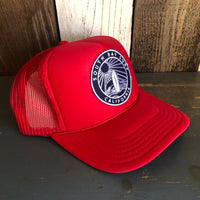Hermosa Beach SOUTH BAY SURF (Navy Colored Patch) High Crown Trucker Hat - Red