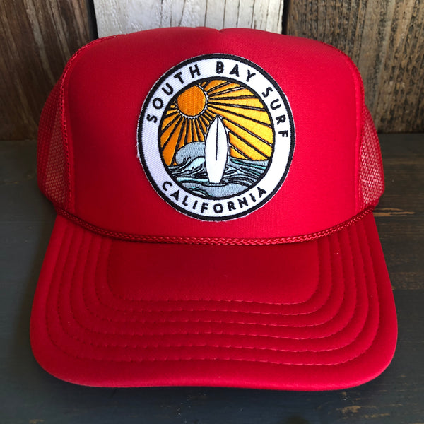 Hermosa Beach SOUTH BAY SURF (Multi Colored Patch) High Crown Trucker Hat - Red
