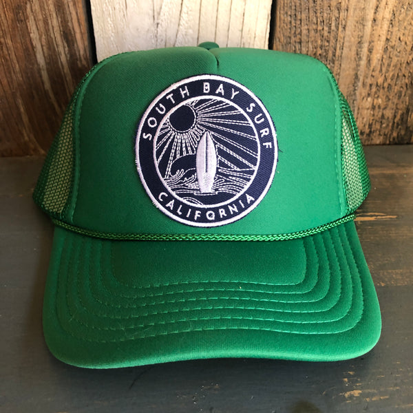 Hermosa Beach SOUTH BAY SURF (Navy Colored Patch) High Crown Trucker Hat - Kelly Green