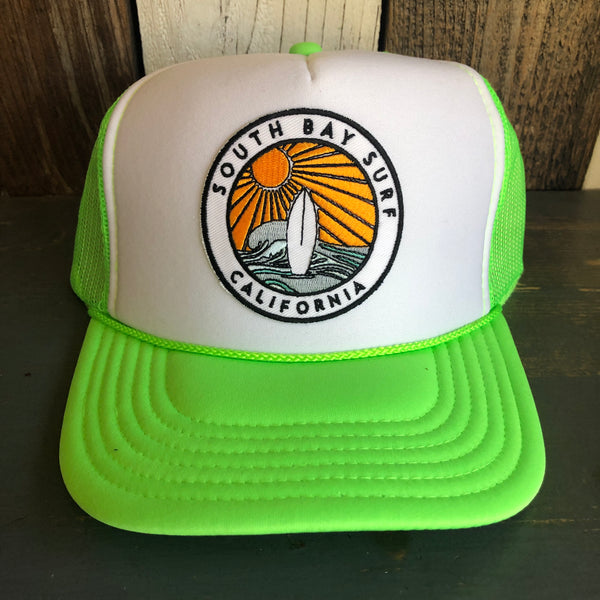 Hermosa Beach SOUTH BAY SURF (Multi Colored Patch) Trucker Hat - Neon Green/White/Neon Green
