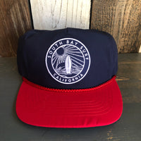Hermosa Beach SOUTH BAY SURF (Navy Colored Patch) 5 Panel High Crown Baseball Cap - Navy/Red