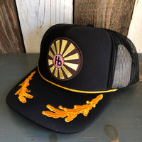 Hermosa Beach SUNBEAMS 5 Panel High Crown Mesh Back Captain Trucker Hat- Black/Gold