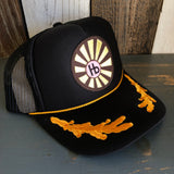 Hermosa Beach SUNBEAMS 5 Panel High Crown Mesh Back Captain Trucker Hat- Black/Gold