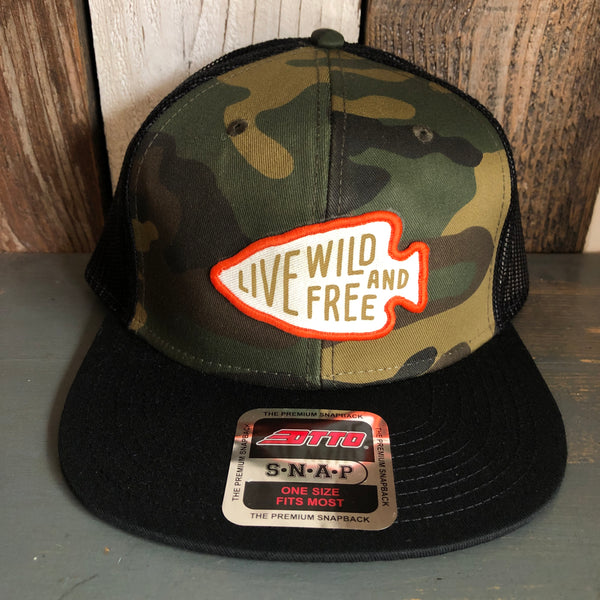 LIVE WILD AND FREE Camouflage 6 Panel Mid Profile Mesh Back Snapback Trucker Hat - Dark Green/Black