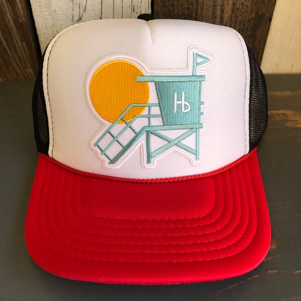 Hermosa Beach LIFEGUARD TOWER Trucker Hat - Red/White/Black