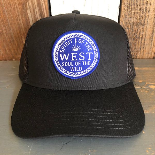 Spirit of the West ⦿ Soul of the Wild - 5 Panel Mid Profile Mesh Back Trucker Hat - Black