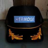 Hermosa Beach BLUE SUPREME HERMOSA 5 Panel High Crown Mesh Back Captain Trucker Hat- Black/Gold
