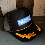 Hermosa Beach BLUE SUPREME HERMOSA 5 Panel High Crown Mesh Back Captain Trucker Hat- Black/Gold
