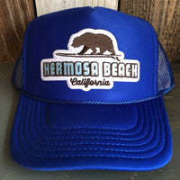 Hermosa Beach SURFING GRIZZLY BEAR High Crown Trucker Hat - Royal Blue (Curved Brim)