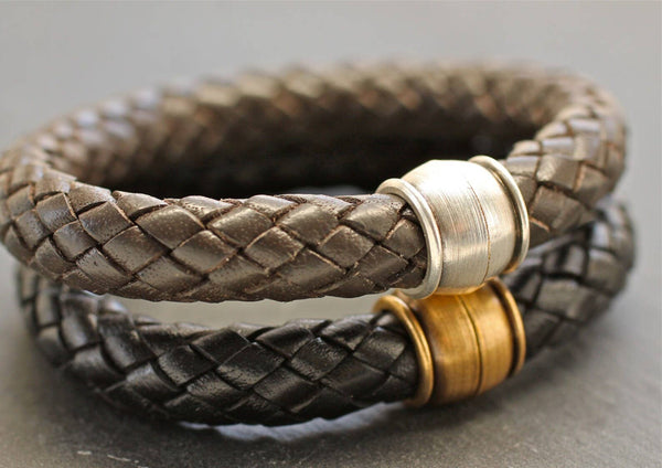 Men's Braided Leather Bracelet: Black/Silver