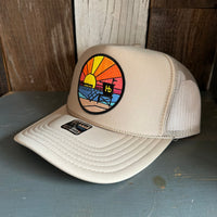 Hermosa Beach OBLIGATORY SUNSET High Crown Trucker Hat - Khaki