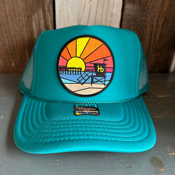 Hermosa Beach OBLIGATORY SUNSET High Crown Trucker Hat - Jade Green
