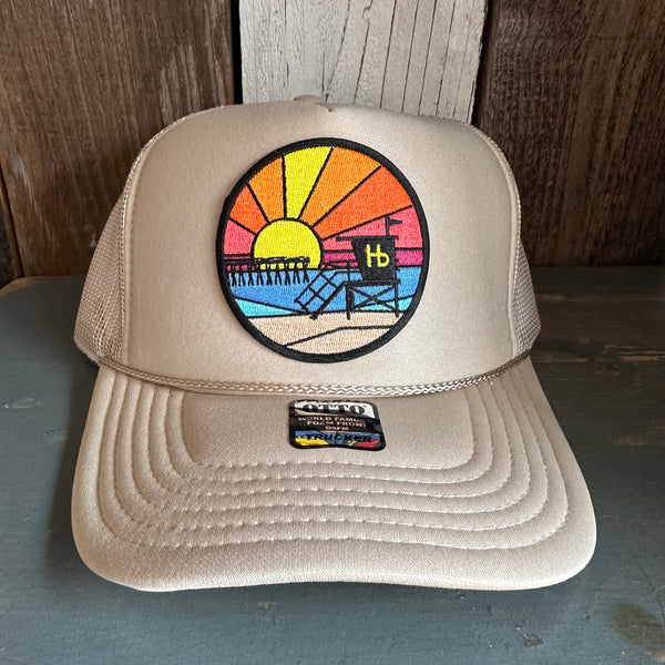 Hermosa Beach OBLIGATORY SUNSET High Crown Trucker Hat - Khaki