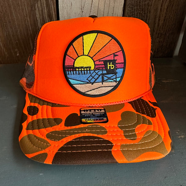 Hermosa Beach OBLIGATORY SUNSET High Crown Trucker Hat - Neon Orange Hunters Camo